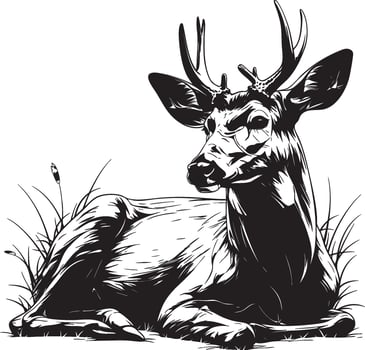 Resting deer with antlers in calm black and white forest artwork vector