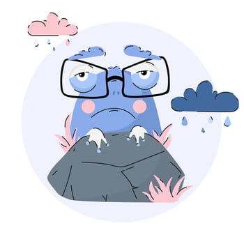 Blue grumpy little frog character with glasses peeking from behind a rock under rainy clouds. Cartoon sad frog under rain for kids illustrations, emotional learning, mental health concept, therapy vector