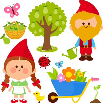 Gardening illustration collection with garden gnomes, flowers, plants and gardening equipment in springtime. Gardening dwarf characters with red hats. vector