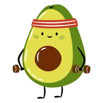 Cute avocado face avocado doing fitness with dumbbells. Flat illustration in simple child style vector