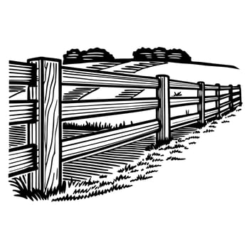 Wooden fence in rural landscape countryside boundary with grass, fields and distant trees, black and white illustration vector