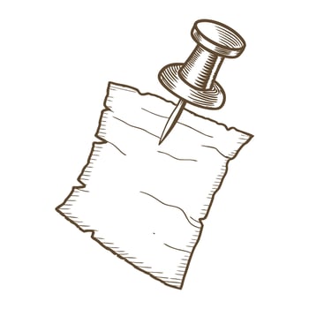 Push pin holding blank ripped paper note hand drawn reminder, sketch tack isolated on white vector