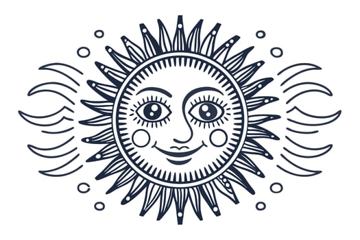 Smiling sun face with decorative rays and whimsical wavy lines celestial vintage illustration, bohemian motif vector