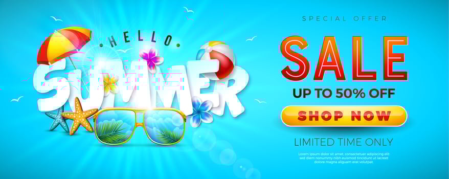 Summer Sale Banner Design with Flower and Tropical Palm Leaves on Yellow Background. Exotic Floral Illustration with Special Offer Typography for Coupon, Voucher, Flyer, Promotional Poster vector