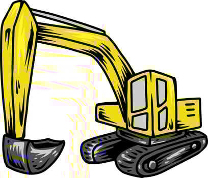 Cartoon-style yellow excavator with wide arm and treads vector