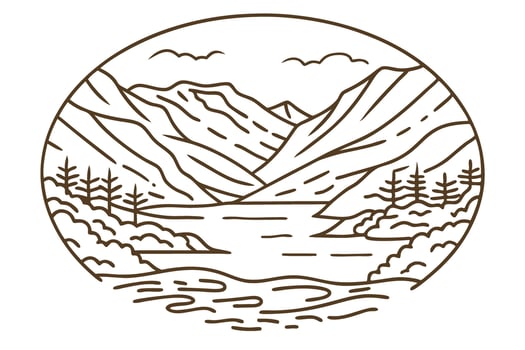 Mountain lake landscape illustration line art drawing of alpine scenery, trees and water, minimalist nature emblem vector