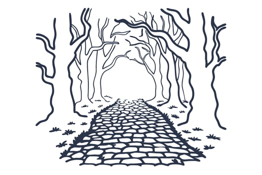 Cobblestone path leading through bare trees forest trail, winding walkway, nature illustration, woodland scene, outline sketch vector