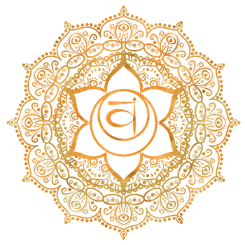 Sacral chakra Svadhisthana of golden orange color with elegant mandala pattern and Sanskrit letters in the center. Energy balance. Hand-drawn watercolor illustration. Ethnic Indian pattern png