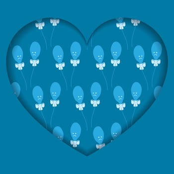 Sadness Deflated balloons with tied ribbon bow Heart shape Paper Cut Blue Monday Festive Design idea. Isolates Illustration Themes Cards Invite, poster or web promo banner, leaflets, label, tag vector