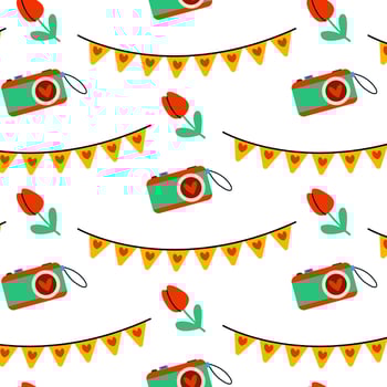 A Colorful Pattern Featuring an Array of Cameras, Banners, and Beautiful Flowers vector