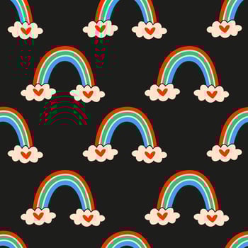 A Colorful Rainbow Pattern Featuring Joyful Hearts and Soft Clouds in a Bright Design vector