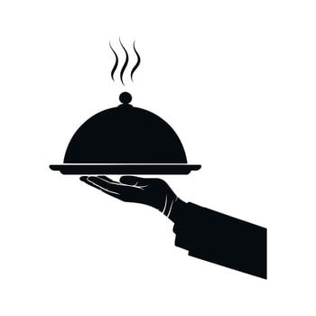 Elegant Black and White Illustration of a Hand Serving a Covered Dish with Rising Steam Isolated vector