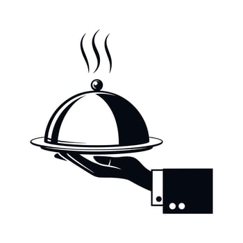 Waiter Hand Holding a Serving Tray with Food and Steam in Black and White Icon Style vector