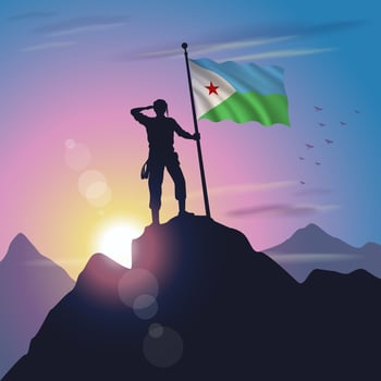 Djibouti flag raised on mountain peak with purplish yellow sunset background vector
