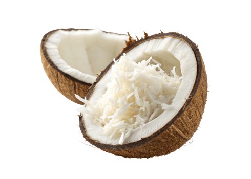 Fresh coconut half with shredded coconut inside isolated on a transparent background png