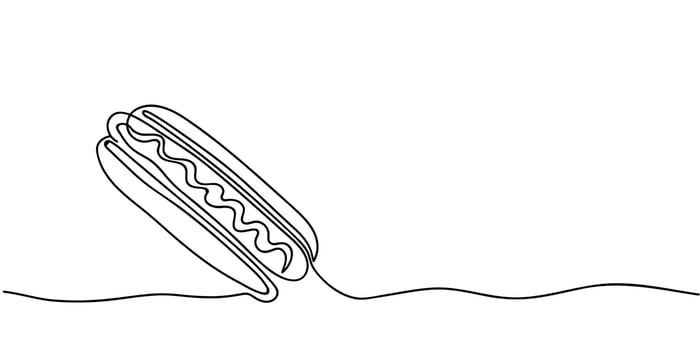Continuous one line drawing of Hot Dog. Banner for cafe or fast food takeaway in simple linear style. illustration in doodle style. vector