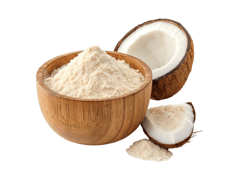 A wooden bowl of coconut flour with halved coconut isolated on a transparent background png