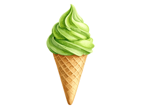 Japanese matcha ice cream in waffle cone, painted in watercolor png