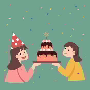 Girls and friend celebrating birthday with birthday cake and confetti. vector