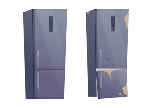 Two isolated cartoon closed refrigerators isolated on white, new and clean, the other old, dirty, scratched. Concept of contrast, repair, replacement, appliance lifecycle and decay. vector