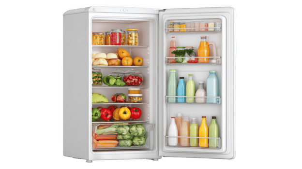 Open refrigerator door revealing untouched food on transparent background png