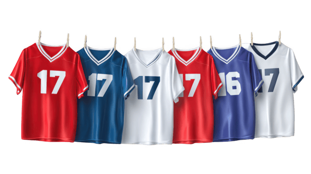 Row of colorful team jerseys hanging on clothespins with transparent background png