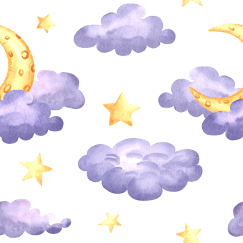 Purple clouds, stars and crescent yellow moons seamless watercolor pattern. Hand drawn illustration for nursery wall art or baby textile designs. Funny celestial background in kids fairy dreams style. png