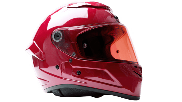 Glossy red motorcycle helmet with orange visor on transparent background png