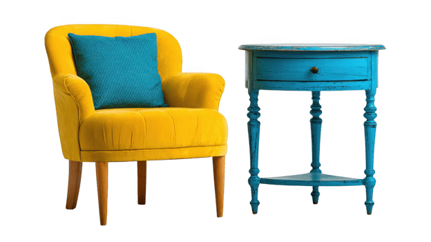 Yellow armchair with teal cushion and blue side table on transparent background png