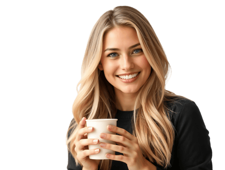 Smiling woman holding a cup of coffee png