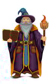 ancient fantasy magic sorcerer wizard witcher elderly man with beard hat and cape cartoon illustration isolated white background vector
