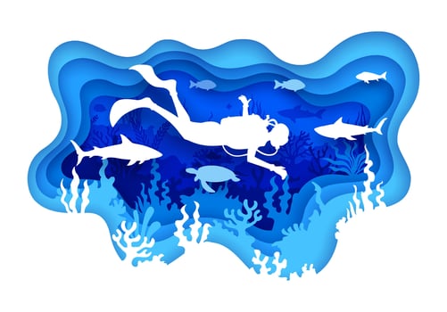 Diver silhouette at paper cut underwater landscape vector