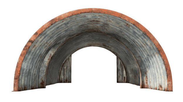 Weathered corrugated metal tunnel entrance with transparent background png
