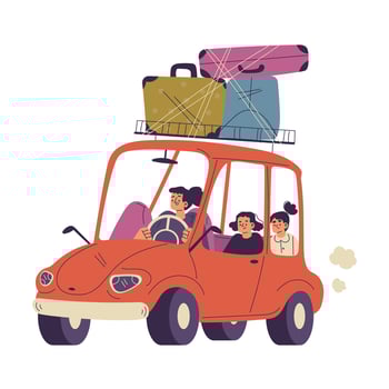 Woman Mother with Kid on Road Trip Travel by Car with Suitcase Illustration vector
