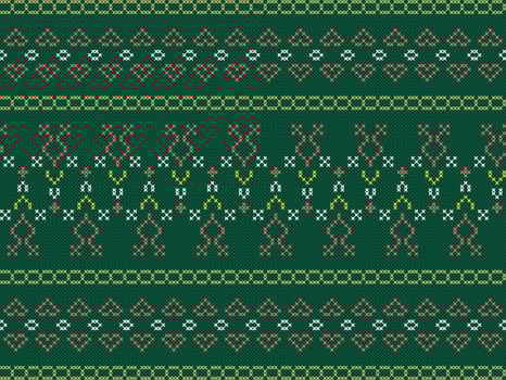 Colorful seamless knitting pattern on green background. Design for capet, wrapping, clothing, knitting, Ikkat, ikat, fabric. vector