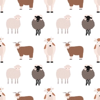 Seamless pattern with cute farm animals on white background. Backdrop with domestic livestock - cow, goat, sheep, ram. Colorful illustration in flat cartoon style for fabric print, wallpaper. vector