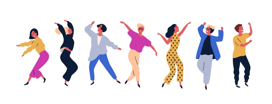Group of young happy dancing people or male and female dancers isolated on white background. Smiling young men and women enjoying dance party. Colorful illustration in flat cartoon style. vector