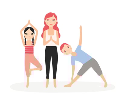 Mom and children standing in yoga postures and meditating. Mother and kids performing aerobics exercises together. Cartoon characters isolated on white background. Colorful flat illustration. vector
