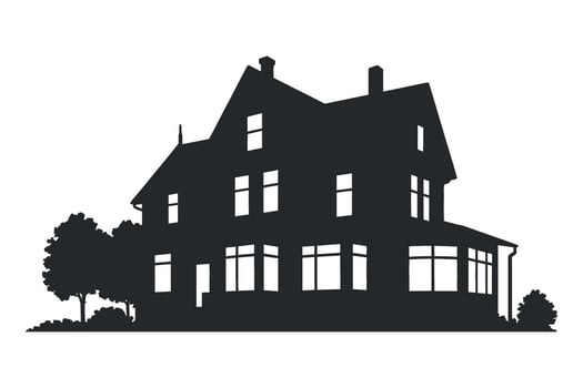 Silhouette of a Large Two Story Victorian House with Trees and Bushes in the Front Yard on a White Background vector