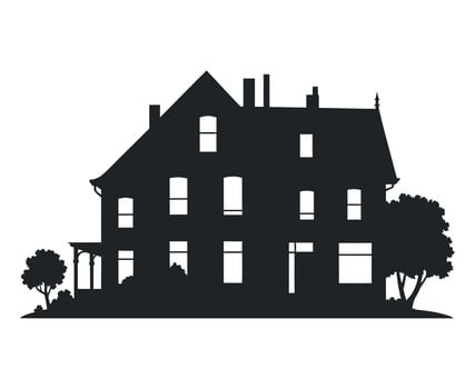 Silhouette of a Large Victorian Style House with Trees and Shrubs in the Front Yard on a White Background vector
