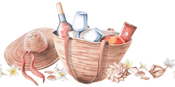 Seamless border with beach bag and hat, bottle of wine, glass and grapefruit. Isolated watercolor illustration on the theme of beach party for textile design, restaurants, printing on clothes png