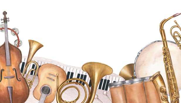 Watercolor musical border with guitar, saxophone, piano, and other instruments isolated background. Rectangle frame with copy space for text. For summer music festival poster, outdoor concert program vector