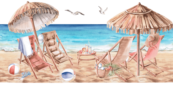 Seascape with sunbeds and umbrellas. Isolated watercolor illustration on the theme of a beach party for textile design, restaurant interior, printing on clothes png