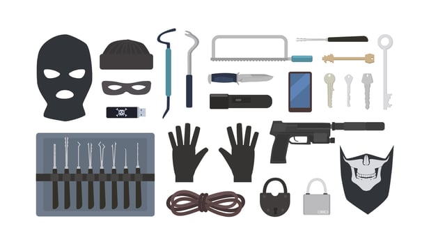 Collection of tools and equipment for theft, robbery, burglary, housebreaking - lock picks, padlocks, masks, rope, flashlight, gun, knife, saw isolated on white background. Flat illustration. vector