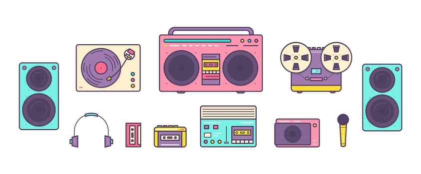 Bundle of retro analog music players, reel-to-reel and cassette recorders, turntable, headphones, mic, loudspeakers isolated on white background. Set of devices from 90s. Colored illustration. vector