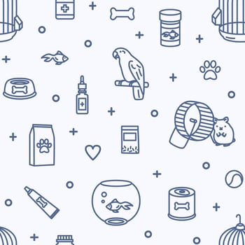 Seamless pattern with domestic animals and pet shop goods for care, nutrition, treatment on light background. Monochrome illustration in modern line art style for wrapping paper, textile print. vector
