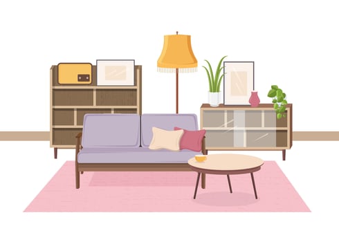 Comfy interior of living room full of Soviet furniture and retro home decorations - cozy couch, coffee table, houseplants, cupboard, floor lamp, radio receiver. illustration in flat style. vector
