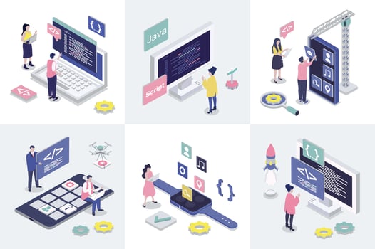 App development 3d isometry concept for web design. Collection set with isometric people programming applications, creating interface layouts, making settings and optimization. illustration. vector