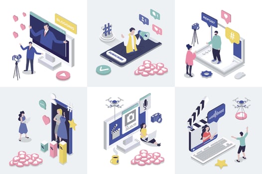 Blogging 3d isometry concept for web design. Collection set with isometric people creating content, making new posts in social media, advertising and attracting followers. illustration. vector