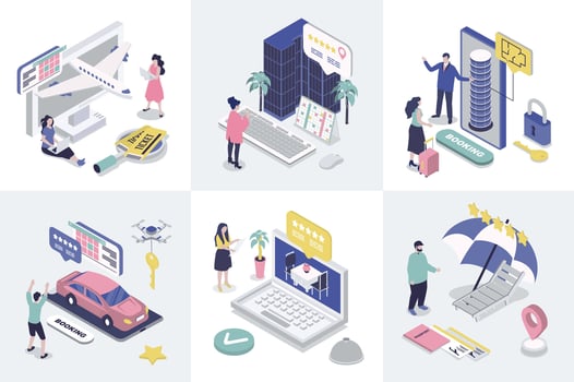 Booking 3d isometry concept for web design. Collection set with isometric people searching and buying airline tickets, ordering taxi, hotel room or restaurant table in mobile app. illustration. vector